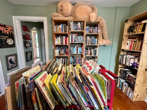 A cozy room filled with bookshelves, a large teddy bear on top, and a cart overflowing with colorful children's books.