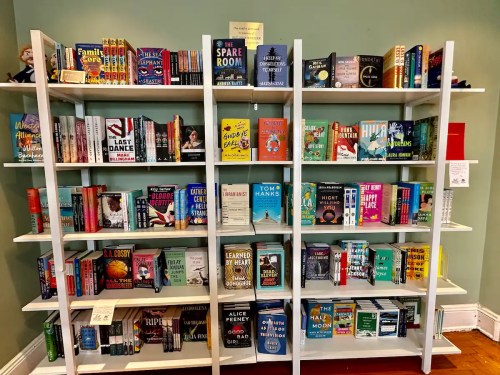 A bookshelf filled with various books, showcasing colorful covers and organized by genre.