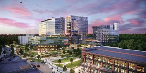 A modern urban development featuring glass buildings, green spaces, and a vibrant street scene under a colorful sky.