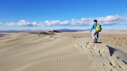 A child with a green backpack walks along a sandy dune under a blue sky with scattered clouds.
