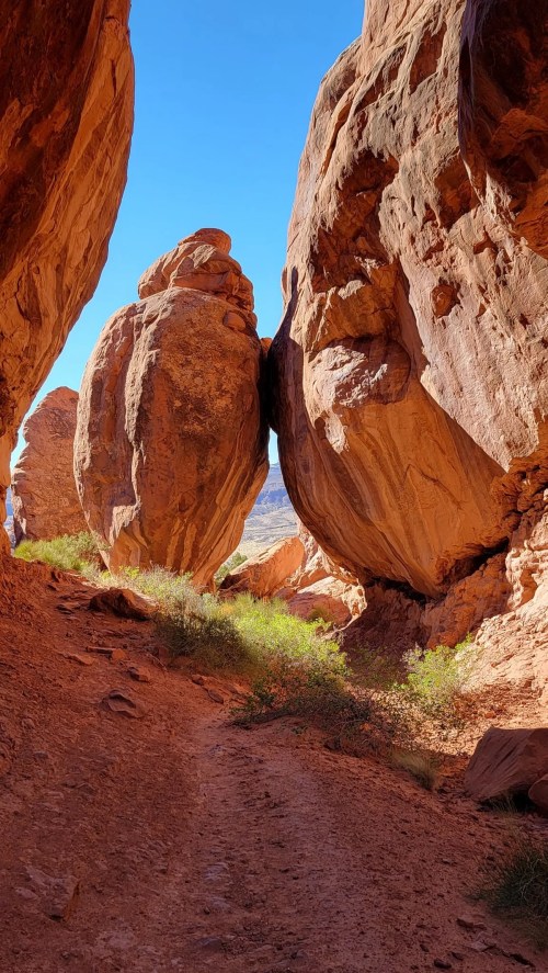 A narrow canyon between large rock formations, with bright blue sky and greenery visible in the background.