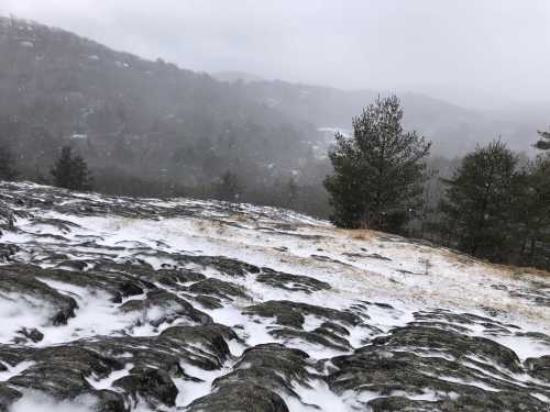 A snowy landscape with rocky terrain and trees, set against a misty, mountainous background.