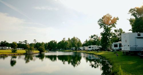A serene landscape featuring RVs by a calm pond, surrounded by lush greenery and trees under a bright sky.
