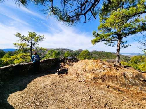 A person stands on a rocky overlook surrounded by trees, with mountains visible in the distance under a blue sky.