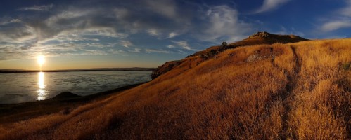 A panoramic view of a golden grassy hillside by a river at sunset, with a clear sky and distant hills.