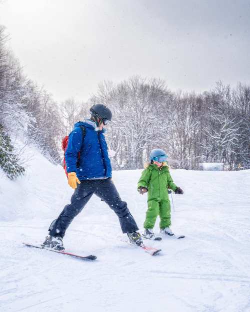 A person in a blue jacket and helmet skis alongside a child in a green snowsuit, both enjoying a snowy day.