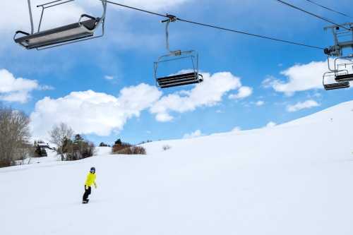 A snowboarder in a yellow jacket rides down a snowy slope under a blue sky with clouds and a ski lift above.