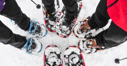 A group of people standing in a circle, wearing snowshoes on a snowy surface.