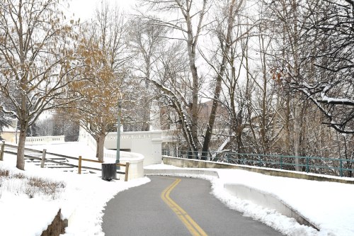 A snowy pathway winds through trees, leading to a bridge in a winter landscape.
