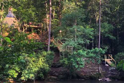 A serene forest scene featuring a wooden structure and a small stream, surrounded by lush green trees.