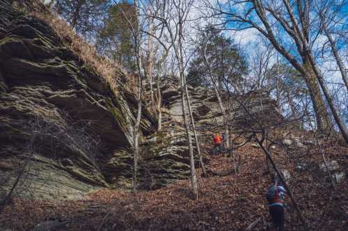 Two hikers ascend a rocky slope covered in leaves, surrounded by trees and a blue sky.