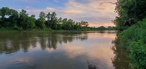 A serene river scene at sunset, with lush green trees reflecting on the water's surface under a colorful sky.