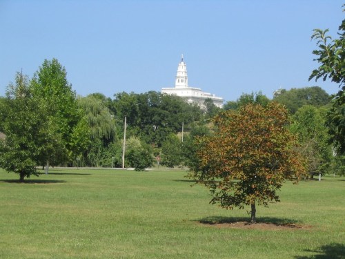 A grassy park with trees in the foreground and a white building atop a hill in the background under a clear blue sky.