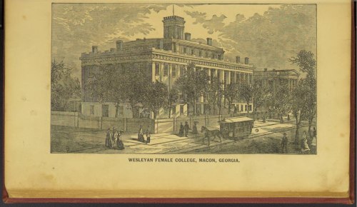 Illustration of Wesleyan Female College in Macon, Georgia, featuring a large building and people walking nearby.