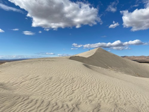 A sandy dune rises against a blue sky with fluffy clouds, showcasing rippled patterns in the sand.