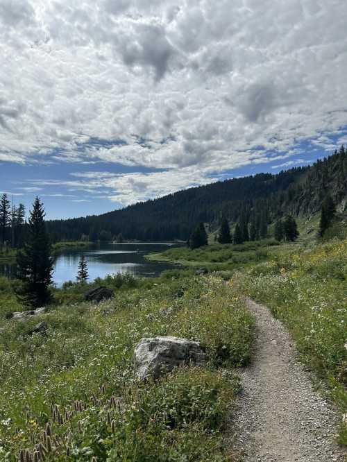 A scenic trail leads through lush greenery by a calm lake, surrounded by mountains and a cloudy blue sky.