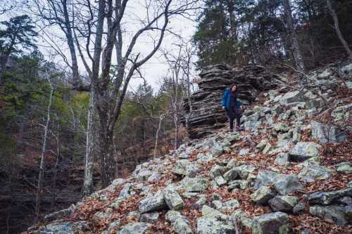 A person stands on a rocky hillside surrounded by trees and autumn leaves, exploring a natural landscape.