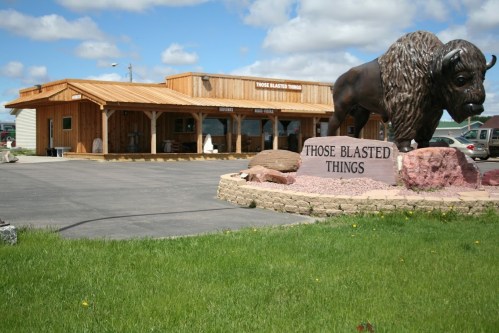 A wooden building with a large buffalo statue in front, labeled "Those Blasted Things," surrounded by green grass.