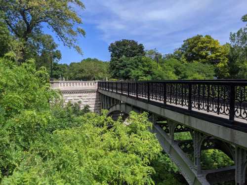 A stone bridge with a black railing spans over lush greenery under a clear blue sky.