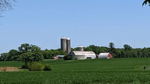 A scenic farm with silos and red barns surrounded by green fields and trees under a clear blue sky.