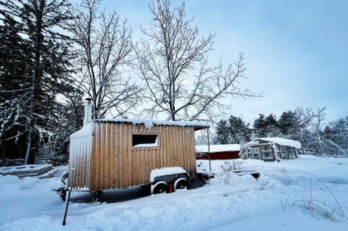 A wooden cabin covered in snow, surrounded by trees and a snowy landscape under a cloudy sky.