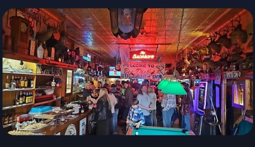 A lively bar scene with patrons socializing, a pool table, and rustic decor featuring mounted animal heads.
