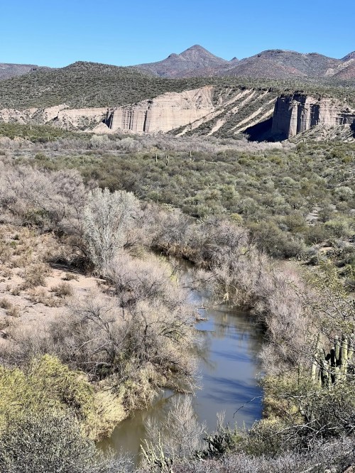 A serene landscape featuring a winding river, dry vegetation, and rocky mountains under a clear blue sky.
