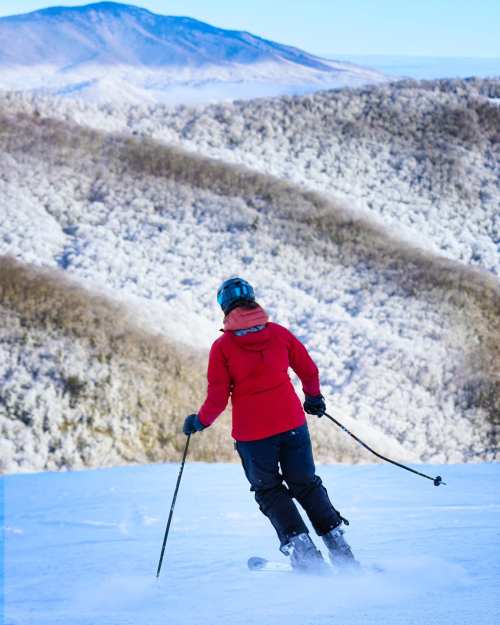 A skier in a red jacket descends a snowy slope, surrounded by frosted mountains and a clear blue sky.