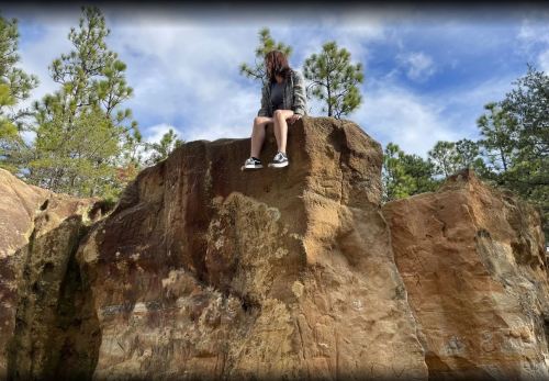 A person sits on a large rock formation surrounded by trees under a partly cloudy sky.