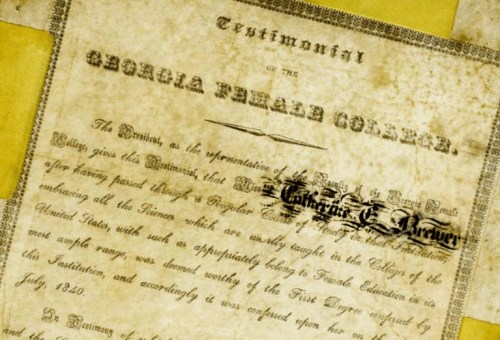 A vintage certificate from Georgia Female College, detailing a testimonial and signed by a representative.