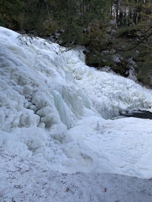 A frozen waterfall surrounded by snow and ice, with a rocky landscape and evergreen trees in the background.