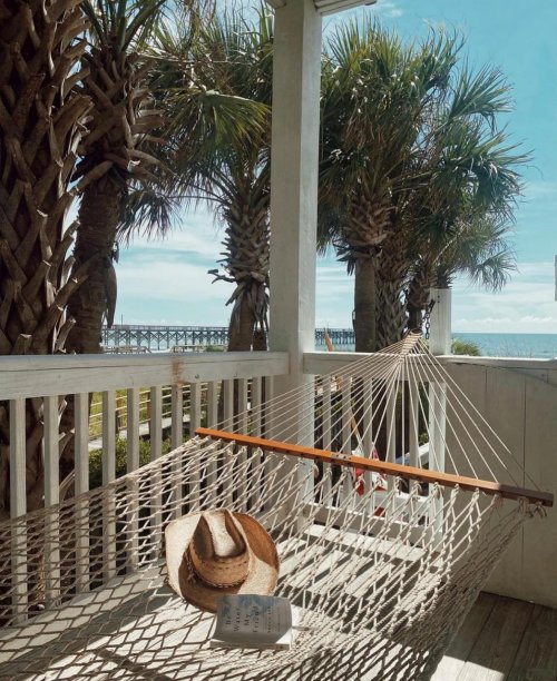 A hammock draped between palm trees, with a straw hat resting on it, overlooking a beach and pier in the distance.