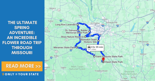 Map highlighting a flower road trip route through Missouri, featuring parks and scenic stops.