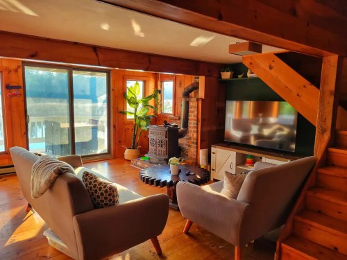 Cozy living room with wooden walls, a fireplace, and large windows, featuring comfortable seating and a plant.
