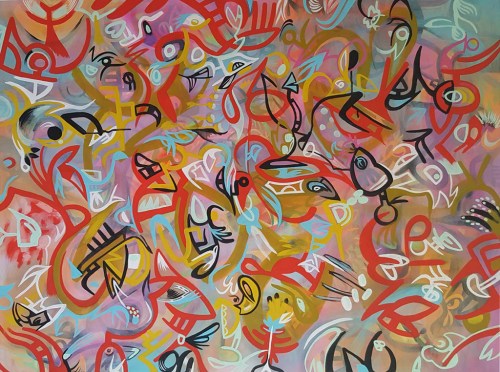 Colorful abstract painting featuring dynamic shapes and lines in red, blue, yellow, and green against a soft background.