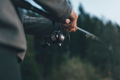 A person holds a fishing rod with a reel, surrounded by trees in a serene outdoor setting.