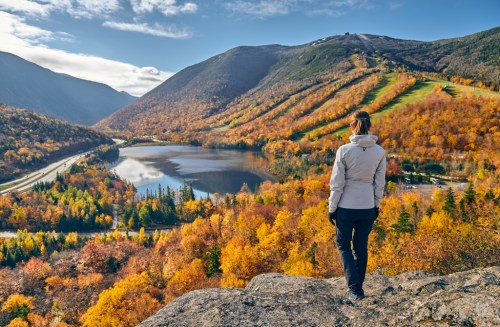 A person stands on a rocky overlook, gazing at a vibrant autumn landscape with mountains and a reflective lake.