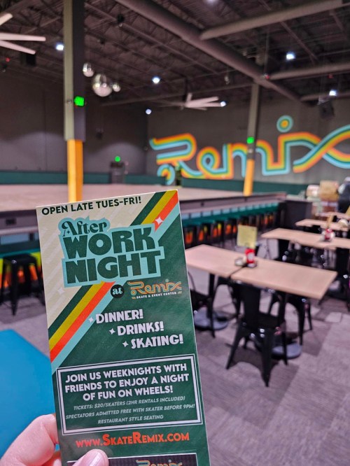A flyer for "After Work Night" at Remix, promoting dinner, drinks, and skating, with a colorful background and seating area.