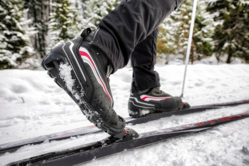 A close-up of a skier's boot on a ski, surrounded by snow and trees in a winter landscape.