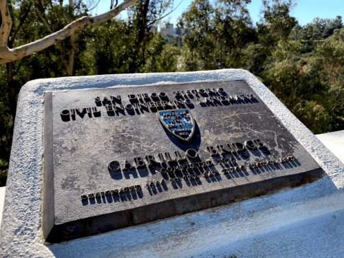 Plaque commemorating Cabrillo Bridge as a San Diego historic civil engineering landmark.
