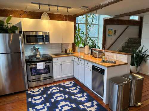 Bright kitchen with white cabinets, stainless steel appliances, a wooden countertop, and a blue patterned rug.