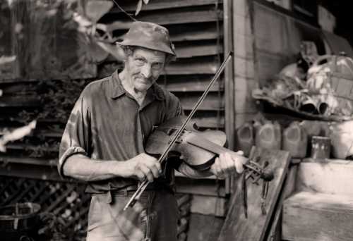 A man in a hat plays the violin outdoors, surrounded by rustic tools and greenery.