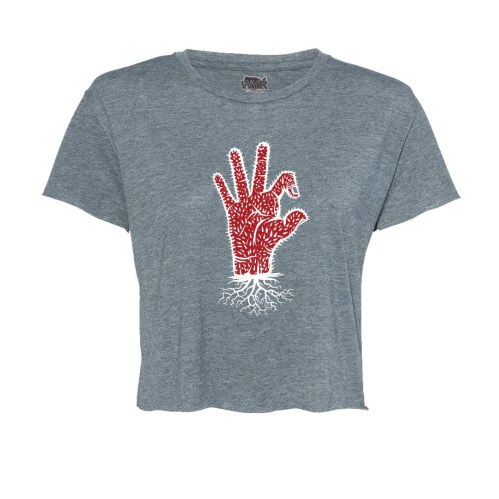 Gray cropped t-shirt featuring a red hand graphic with roots at the bottom.