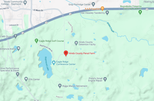 Map showing Hinds County Penal Farm location near Eagle Ridge Conference Center and Hinds County Detention Facility.