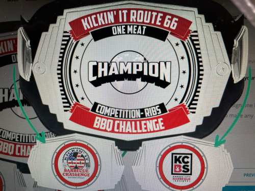 Graphic of a championship belt for a BBQ competition, featuring "Kickin' It Route 66 Champion" and logos for BBQ challenges.