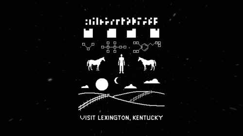 Graphic featuring horses, a person, and landscapes with the text "Visit Lexington, Kentucky" in a retro style.