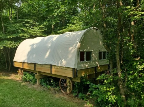 A wooden wagon with a canvas cover, nestled among trees in a lush green setting.