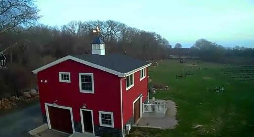 A red barn with a cupola sits in a green field, surrounded by trees and open space.