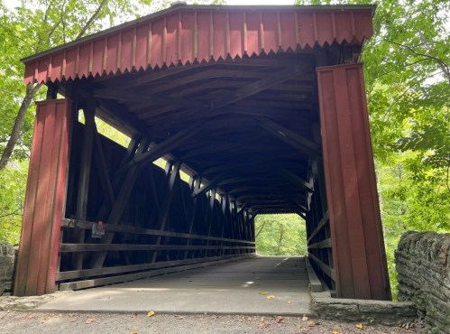 A red covered bridge surrounded by lush green trees, leading into a shaded pathway.
