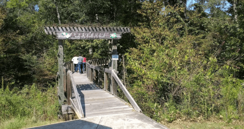 A wooden bridge leads into a lush green area, with two people walking towards the entrance.